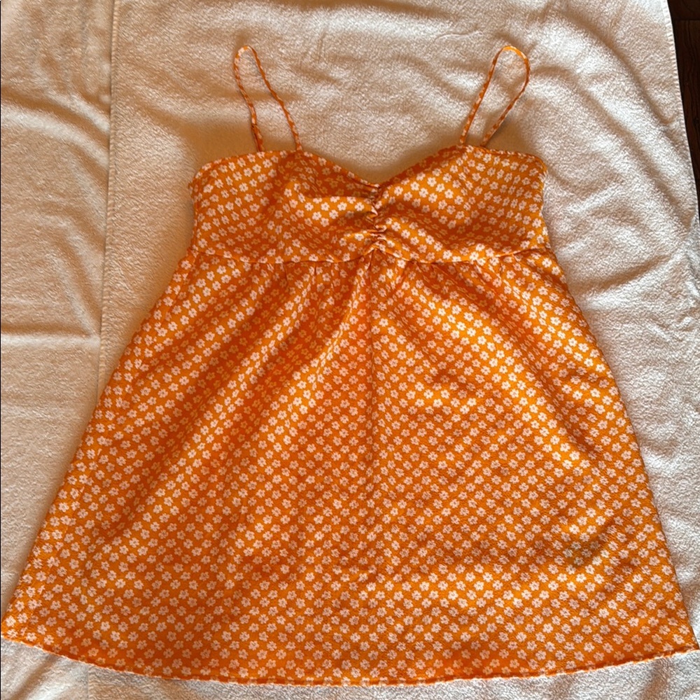 H&M Orange Floral Spaghetti Strap Dress with White Daisy Print.